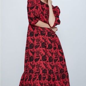 Zara Beverly Red and Black Floral Sequin Embroidered Long Sleeve Dress
